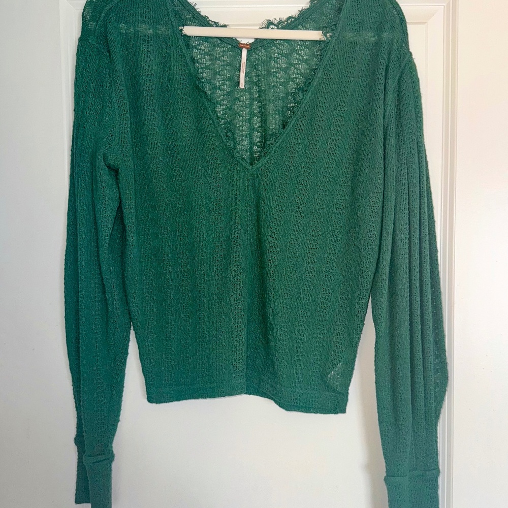 Free People Green V-Neck Knit Pointelle Stretch Sweater Top Sz M
